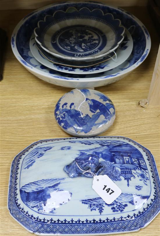 Four Chinese blue and white dishes, a tureen cover and a circular box and cover (damage and repairs)